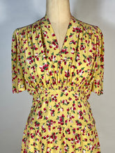 Load image into Gallery viewer, 1930's - 1940's yellow rayon BERRIES & CHERRIES print swishy dress
