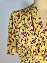 Load image into Gallery viewer, 1930's - 1940's yellow rayon BERRIES & CHERRIES print swishy dress