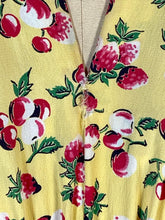 Load image into Gallery viewer, 1930's - 1940's yellow rayon BERRIES & CHERRIES print swishy dress