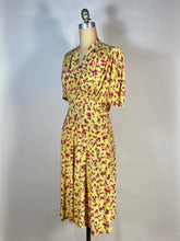Load image into Gallery viewer, 1930's - 1940's yellow rayon BERRIES & CHERRIES print swishy dress