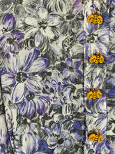 Load image into Gallery viewer, 1940’s-50’s purple floral semi sheer dress with yellow bee buttons detail