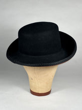 Load image into Gallery viewer, 1980’s-90’s designer Kokin wool felt black and brown stylized bowler hat with curl brim