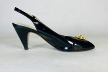 Load image into Gallery viewer, 1950’s black patent leather open toe sling-back heels shoes by Delman size 7.5