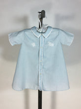 Load image into Gallery viewer, 1950’s light blue cotton baby toddler dress onesie with hand embroidered details train