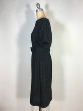 Load image into Gallery viewer, 1950’s black cotton eyelet lace sheath dress with matching belt