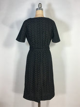 Load image into Gallery viewer, 1950’s black cotton eyelet lace sheath dress with matching belt