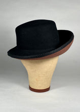 Load image into Gallery viewer, 1980’s-90’s designer Kokin wool felt black and brown stylized bowler hat with curl brim