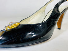 Load image into Gallery viewer, 1950’s black patent leather open toe sling-back heels shoes by Delman size 7.5