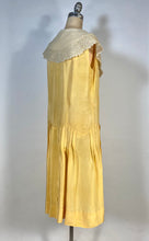 Load image into Gallery viewer, 1920’s Buttery yellow silk drop waist Flapper style dress with antique lace collar