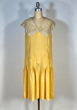 Load image into Gallery viewer, 1920’s Buttery yellow silk drop waist Flapper style dress with antique lace collar