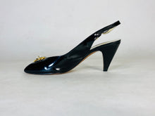 Load image into Gallery viewer, 1950’s black patent leather open toe sling-back heels shoes by Delman size 7.5