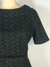 Load image into Gallery viewer, 1950’s black cotton eyelet lace sheath dress with matching belt