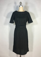Load image into Gallery viewer, 1950’s black cotton eyelet lace sheath dress with matching belt