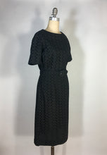 Load image into Gallery viewer, 1950’s black cotton eyelet lace sheath dress with matching belt