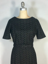 Load image into Gallery viewer, 1950’s black cotton eyelet lace sheath dress with matching belt