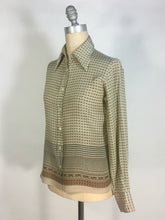 Load image into Gallery viewer, 1970’s silk blouse with Egyptian or Byzantine theme print by Oleg Cassini