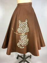 Load image into Gallery viewer, 1950’s homemade brown wool felt circle “poodle” skirt with leopard cat