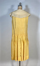 Load image into Gallery viewer, 1920’s Buttery yellow silk drop waist Flapper style dress with antique lace collar