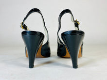 Load image into Gallery viewer, 1950’s black patent leather open toe sling-back heels shoes by Delman size 7.5