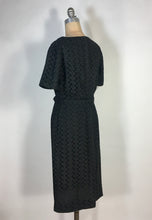Load image into Gallery viewer, 1950’s black cotton eyelet lace sheath dress with matching belt