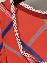 Load image into Gallery viewer, 1930’s red-orange check print cold rayon dress with waist sash and lace cuff details