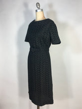 Load image into Gallery viewer, 1950’s black cotton eyelet lace sheath dress with matching belt