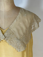 Load image into Gallery viewer, 1920’s Buttery yellow silk drop waist Flapper style dress with antique lace collar