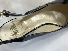 Load image into Gallery viewer, 1950’s black patent leather open toe sling-back heels shoes by Delman size 7.5