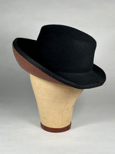 Load image into Gallery viewer, 1980’s-90’s designer Kokin wool felt black and brown stylized bowler hat with curl brim