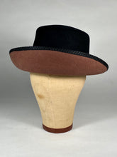 Load image into Gallery viewer, 1980’s-90’s designer Kokin wool felt black and brown stylized bowler hat with curl brim