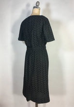 Load image into Gallery viewer, 1950’s black cotton eyelet lace sheath dress with matching belt