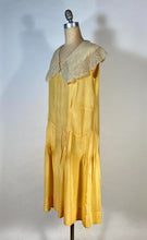 Load image into Gallery viewer, 1920’s Buttery yellow silk drop waist Flapper style dress with antique lace collar