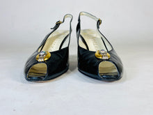 Load image into Gallery viewer, 1950’s black patent leather open toe sling-back heels shoes by Delman size 7.5