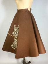 Load image into Gallery viewer, 1950’s homemade brown wool felt circle “poodle” skirt with leopard cat