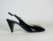 Load image into Gallery viewer, 1950’s black patent leather open toe sling-back heels shoes by Delman size 7.5