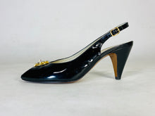Load image into Gallery viewer, 1950’s black patent leather open toe sling-back heels shoes by Delman size 7.5