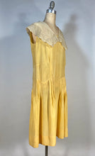 Load image into Gallery viewer, 1920’s Buttery yellow silk drop waist Flapper style dress with antique lace collar