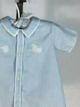 Load image into Gallery viewer, 1950’s light blue cotton baby toddler dress onesie with hand embroidered details train