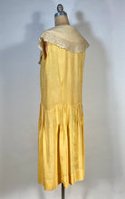 Load image into Gallery viewer, 1920’s Buttery yellow silk drop waist Flapper style dress with antique lace collar