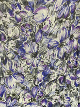 Load image into Gallery viewer, 1940’s-50’s purple floral semi sheer dress with yellow bee buttons detail