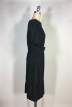 Load image into Gallery viewer, 1950’s black cotton eyelet lace sheath dress with matching belt