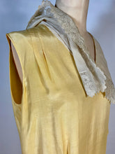 Load image into Gallery viewer, 1920’s Buttery yellow silk drop waist Flapper style dress with antique lace collar