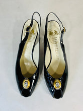 Load image into Gallery viewer, 1950’s black patent leather open toe sling-back heels shoes by Delman size 7.5