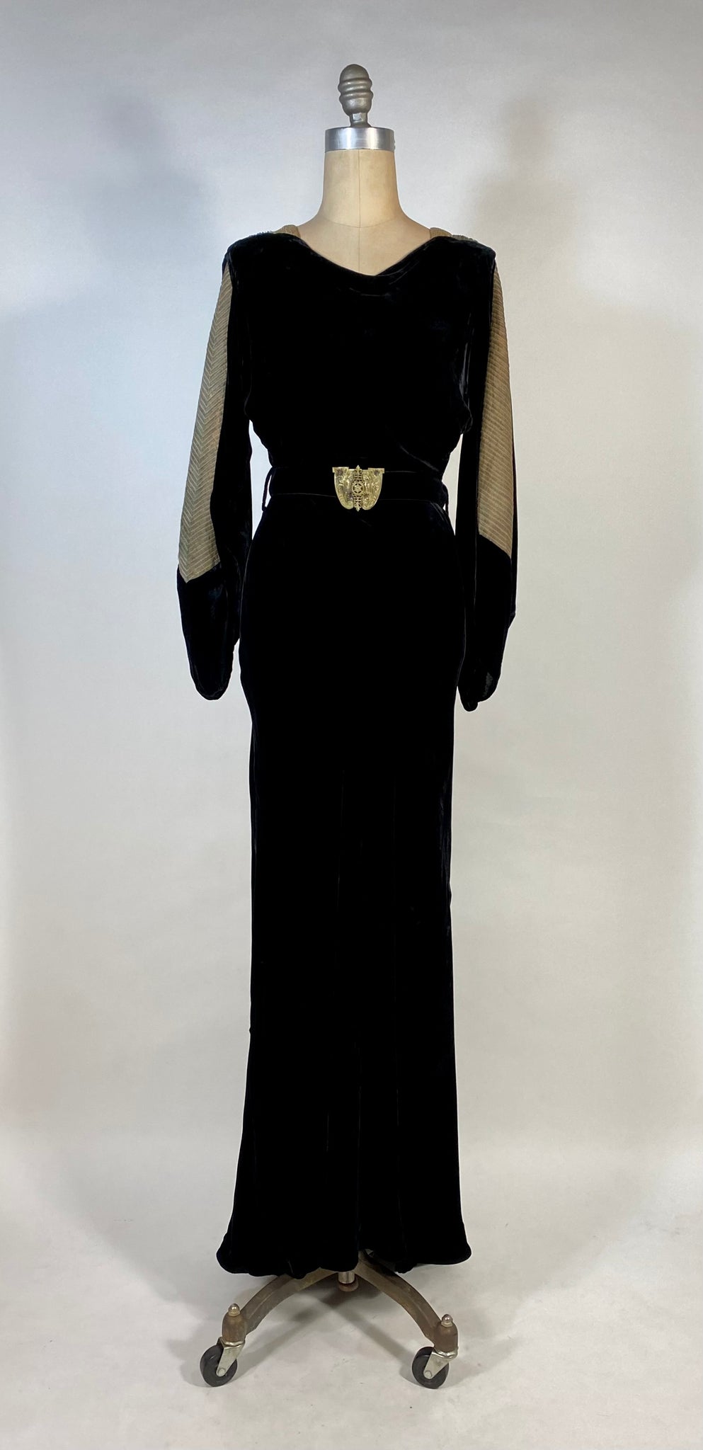 1930's Bias cut black SILK VELVET & metal Lam gown with bishop sleeve Miss Master's Closet 1930's Bias cut black SILK VELVET & metal Lam gown with bishop sleeve Miss Master's Closet