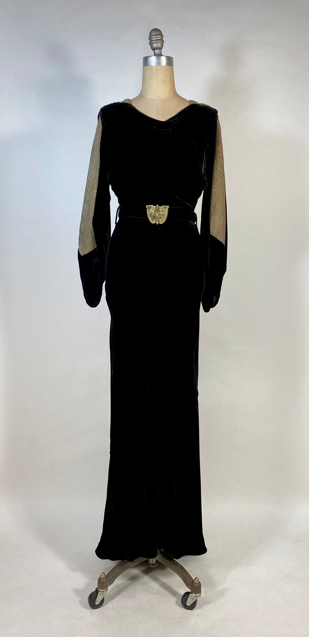 1930's Bias cut black SILK VELVET & metal Lamé gown with bishop sleeves