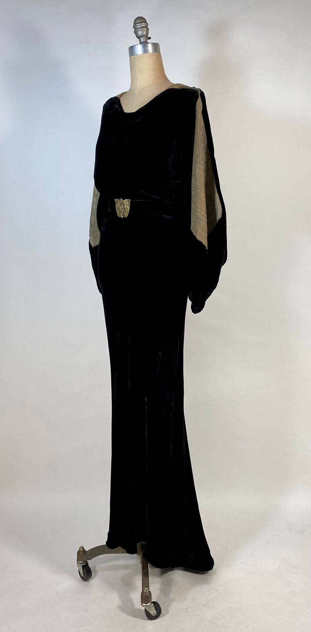1930's Bias cut black SILK VELVET & metal Lam gown with bishop sleeve Miss Master's Closet 1930's Bias cut black SILK VELVET & metal Lam gown with bishop sleeve Miss Master's Closet