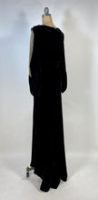 Load image into Gallery viewer, 1930&#39;s Bias cut black SILK VELVET &amp; metal Lamé gown with bishop sleeves
