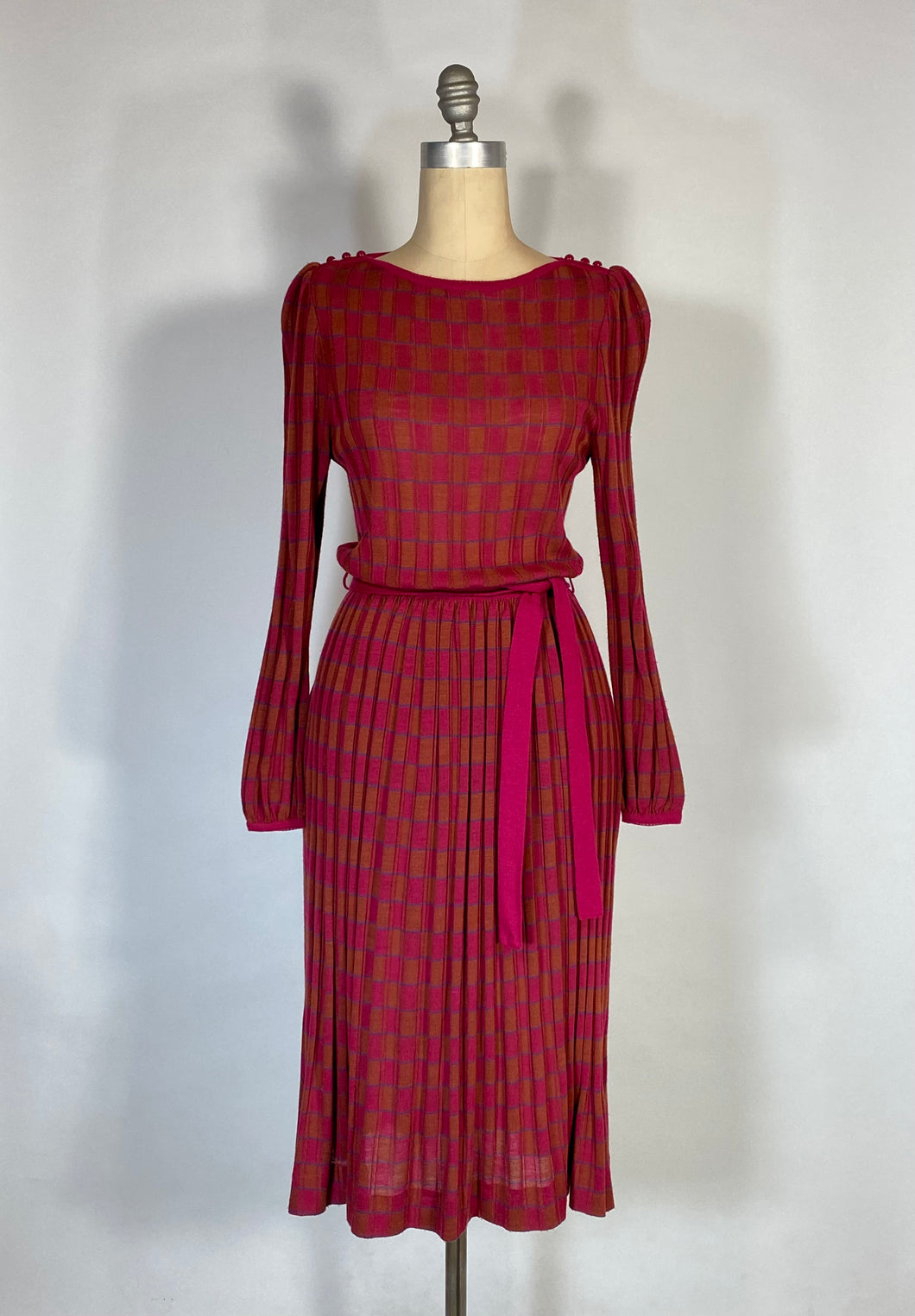 1970's-80's ALBERT NIPON silk knit checkered magenta dress & belt size 4