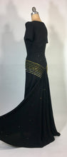 Load image into Gallery viewer, 1930&#39;s black w/gold Swarovski rhinestone &amp; jet bead CELESTIAL dress FOGA (Fashion Originators Guild of America)
