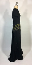 Load image into Gallery viewer, 1930&#39;s black w/gold Swarovski rhinestone &amp; jet bead CELESTIAL dress FOGA (Fashion Originators Guild of America)
